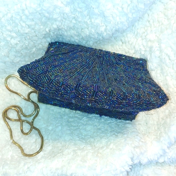 Vintage Iridescent Blue Beaded Dressy Evening Clutch with Gold Chain - Picture 3 of 3